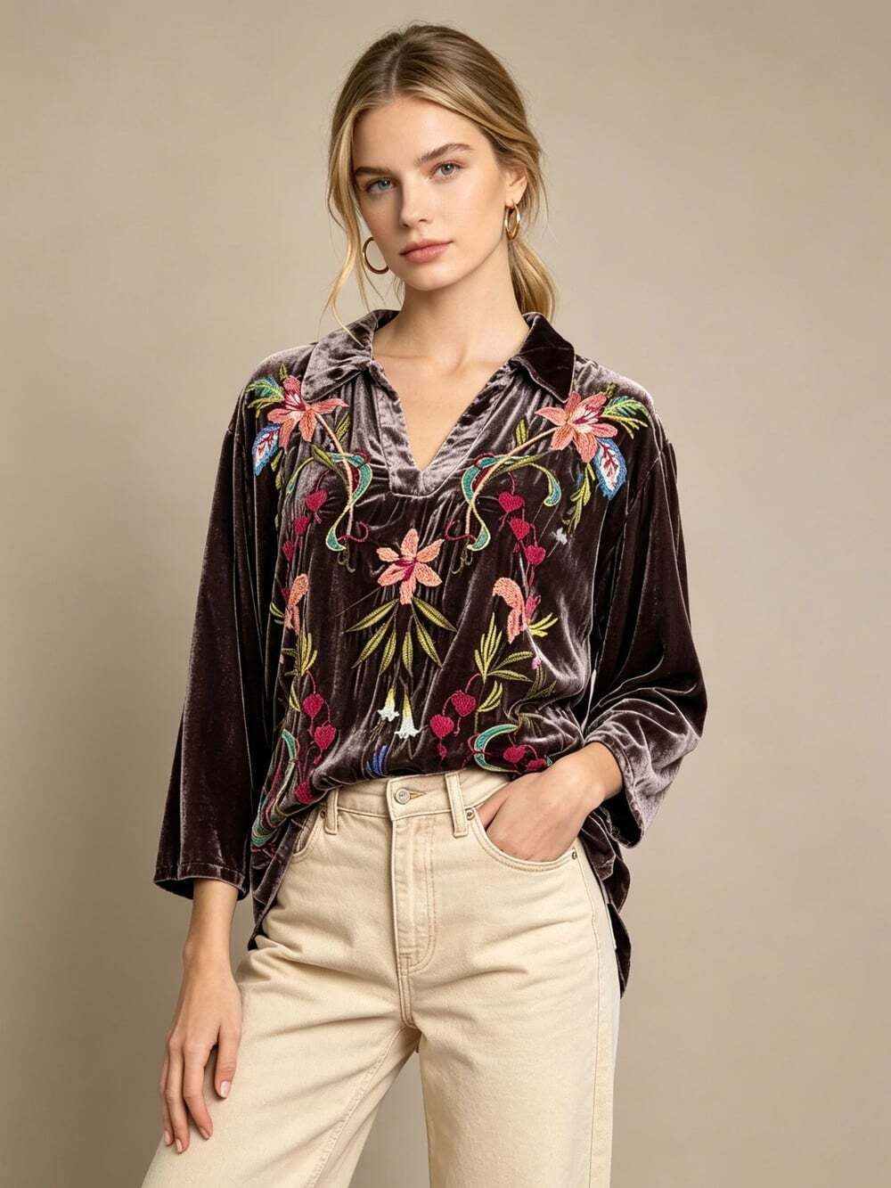 NWOT Johnny Was Silk Blend Velvet Floral Embroidered Tunic Blouse Size L